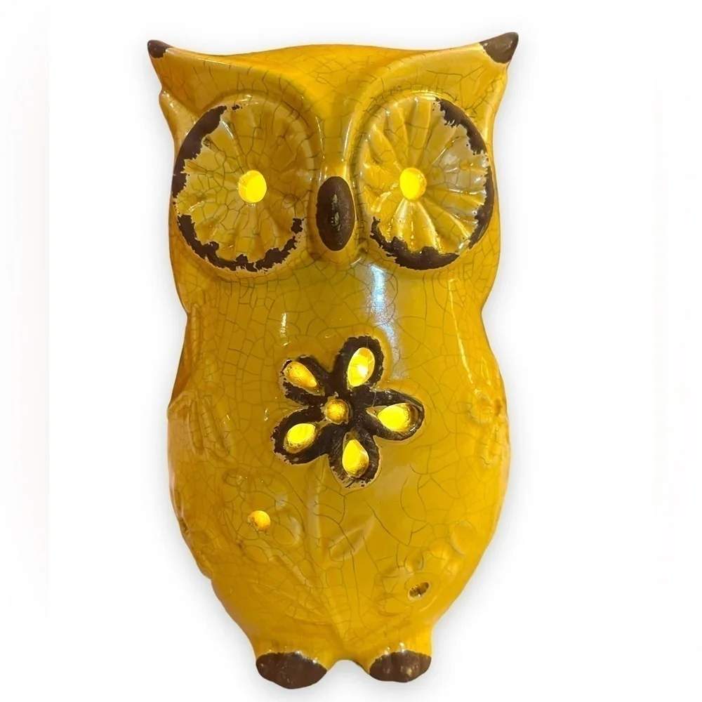 Ceramic Mustard Yellow Owl Floral Relief Luminary with LED Lights Home Decor